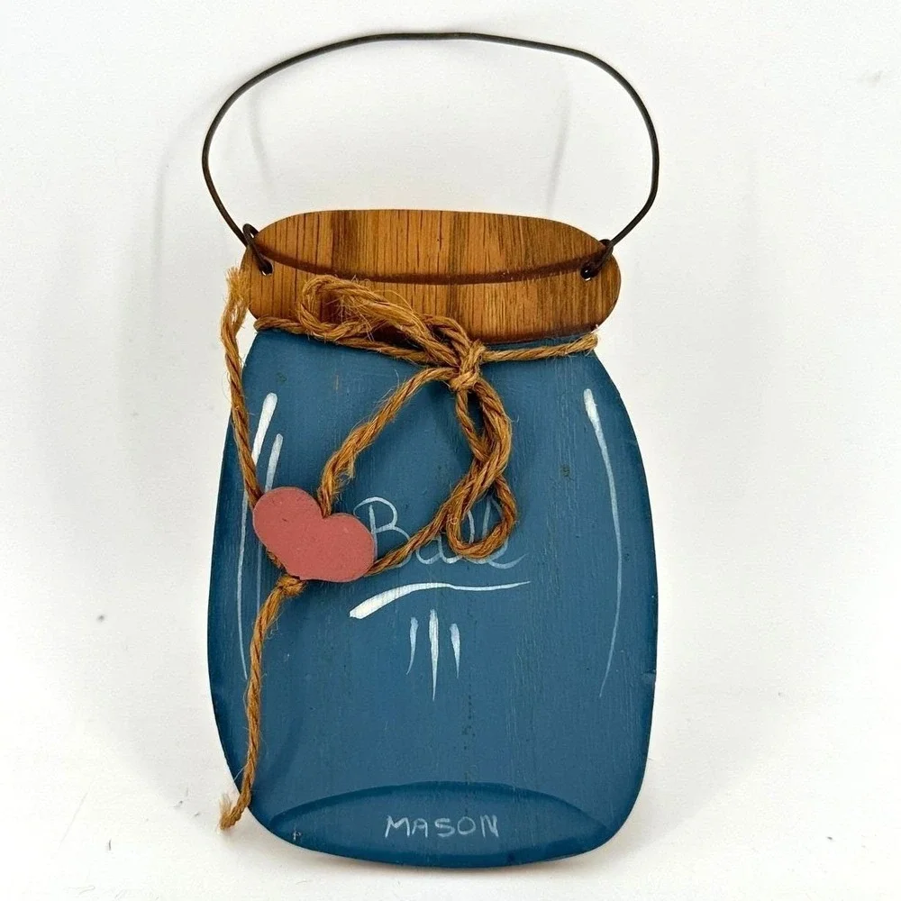 Hand Painted Wooden Mason Jar Wall‎ Hanging Blue Rustic Farmhouse Decor Heart